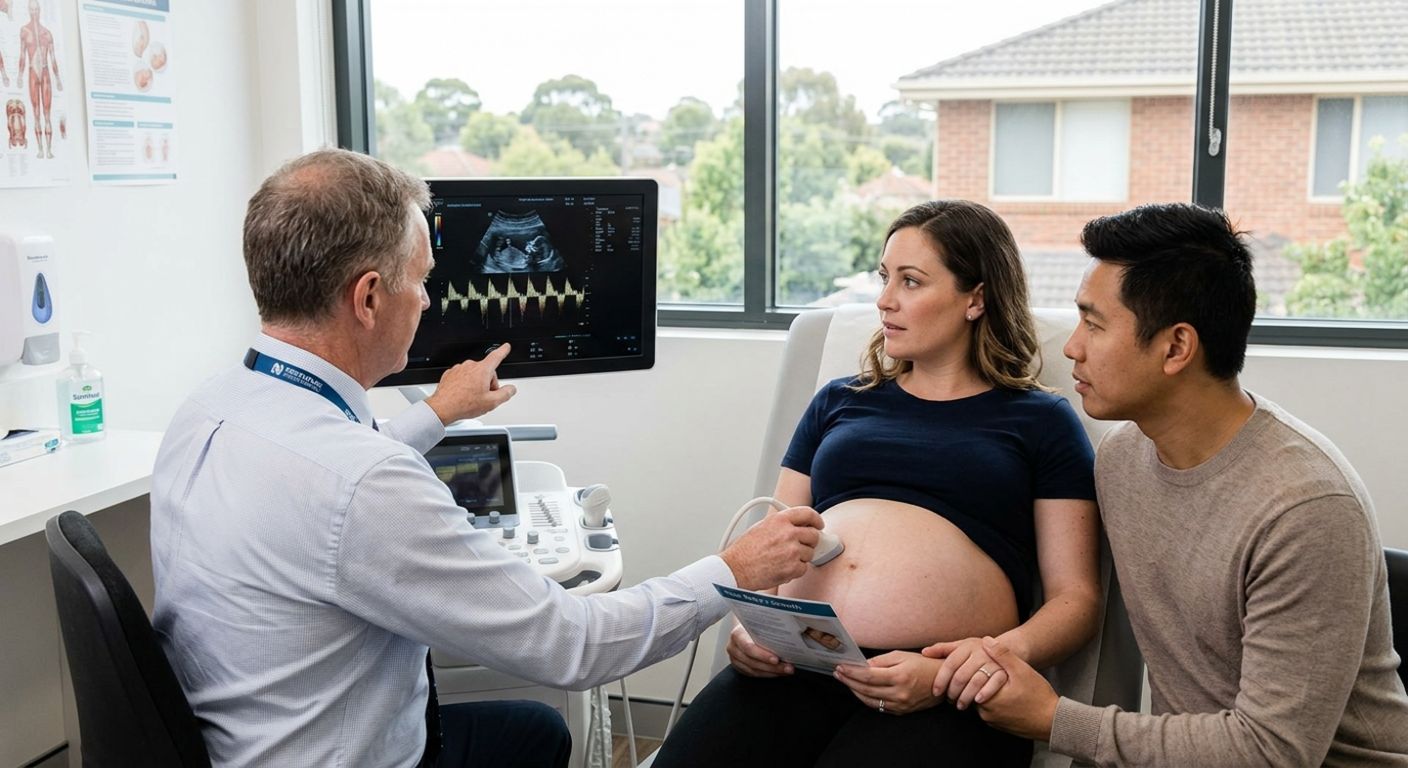 A pregnant couple consulting with an obstetrician during a Doppler ultrasound scan in a modern Melbourne clinic.