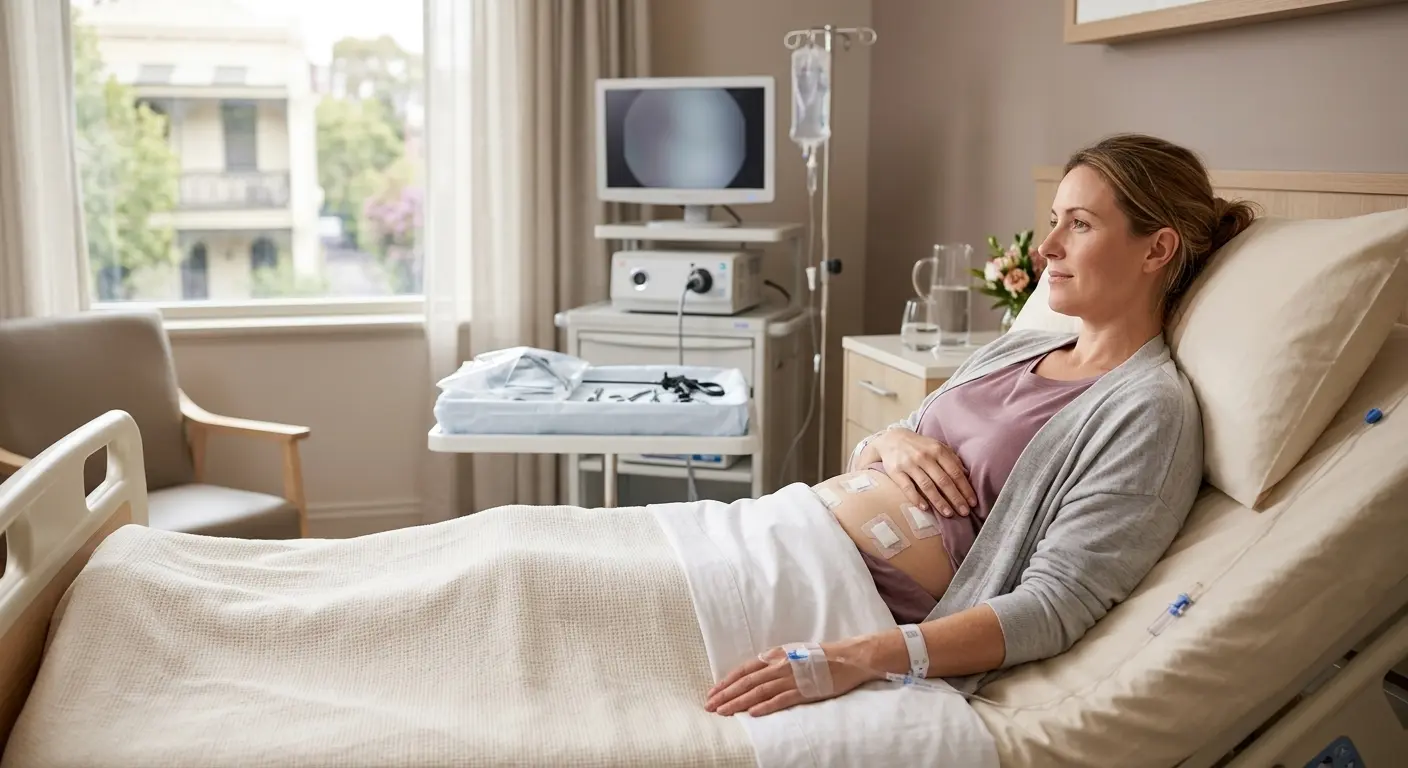 Calm female patient resting after laparoscopy in a bright modern Melbourne private hospital room, soft natural light, reassuring medical atmosphere, realistic style, no text